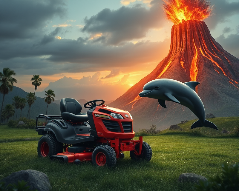 lawn mower, volcano, dolphin